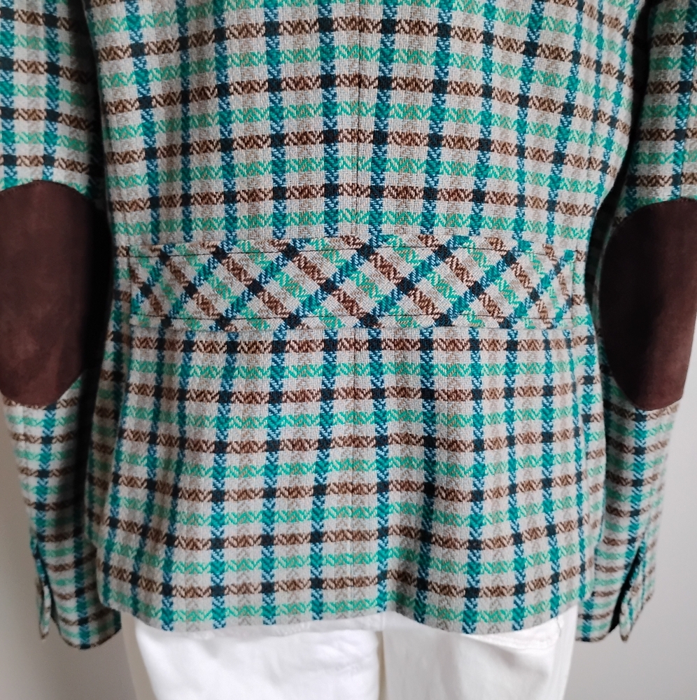 Talbots 100% Wool Ruffle Plaid Jacket Blazer Turquoise Blue Brown Classic Sz 12 - Picture 11 of 16